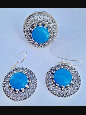 Turquoise ring size 7 and EARRINGS FILIGREE SET ARTISAN BIG 12mm Blue